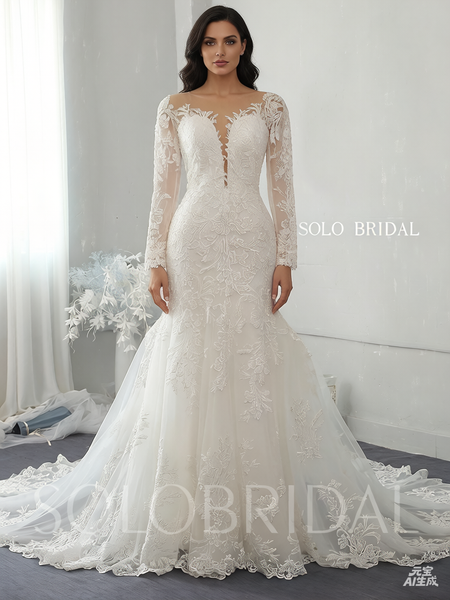 Ivory Plunge Neckline Fit and Flare Lace Wedding Dress