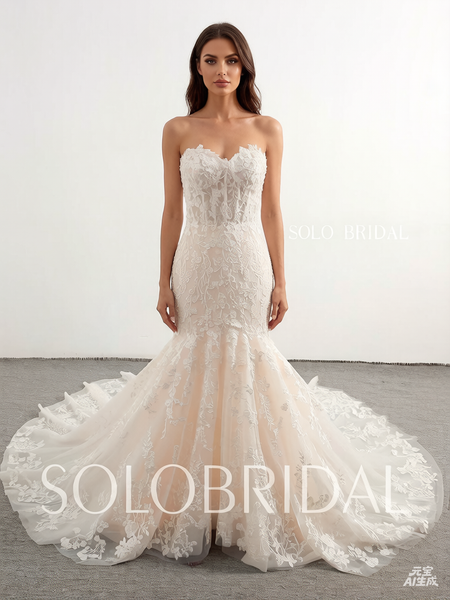 Champagne sweetheart mermaid cathedral train wedding dress 20241207E