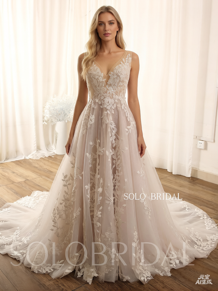 Sexy leaf lace V neck  A line light tulle wedding dress 724A9119a