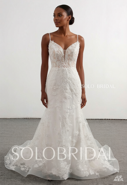 Ivory fit and flare sweep train V neck wedding dress 20241207D