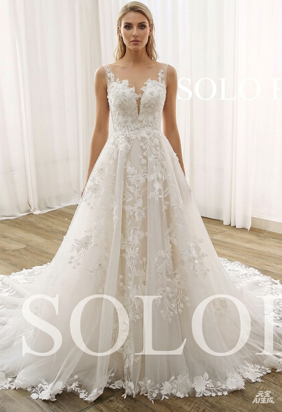 Ivory Illusion Deep Neck A Line Lace Wedding Dress 2023061202