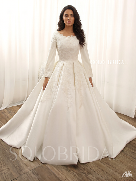 Ivory long sleeve bridal satin A line wedding dress