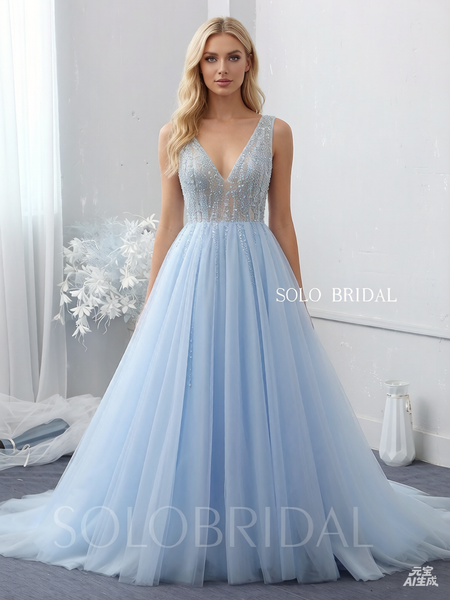 Sky blue V neck beaded top tulle wedding dress