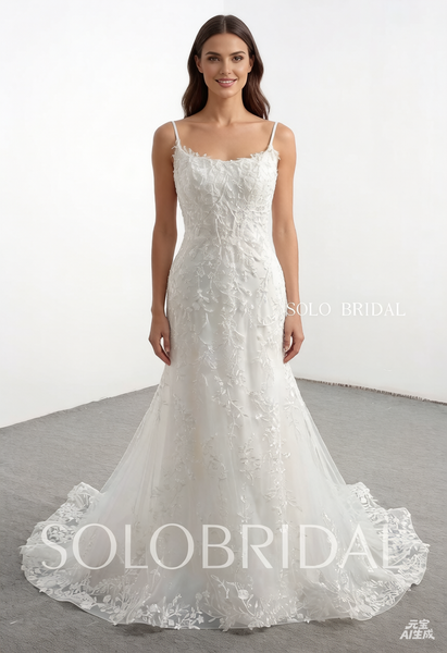 Ivory square neck fit and flare wedding dress with beaded lace 20241207A