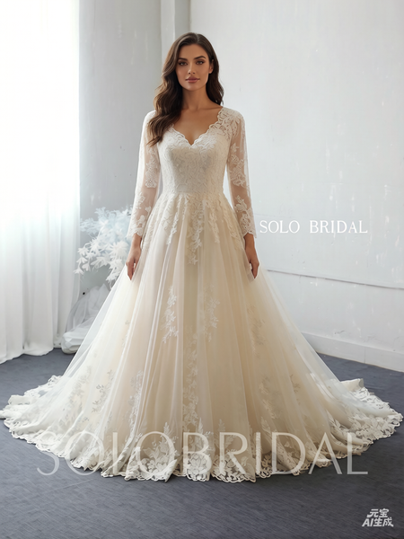 Ivory V neck long sleeves France lace wedding dress