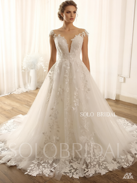 New design off shoulder A line plunge neck lace wedding dress 724A9145a