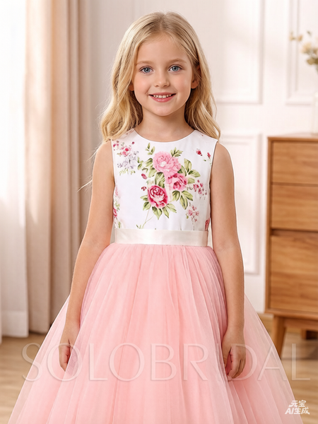 A Line Flower Girl Dress - Satin/Tulle Sleeveless With Flower and Bow at the Back