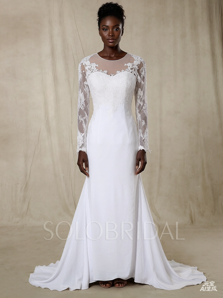 White Silk Chiffon Wedding Dress with Sleeves