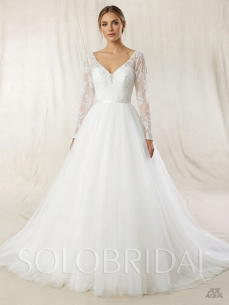 A Line Tulle Wedding Dress with Deep V neckline
