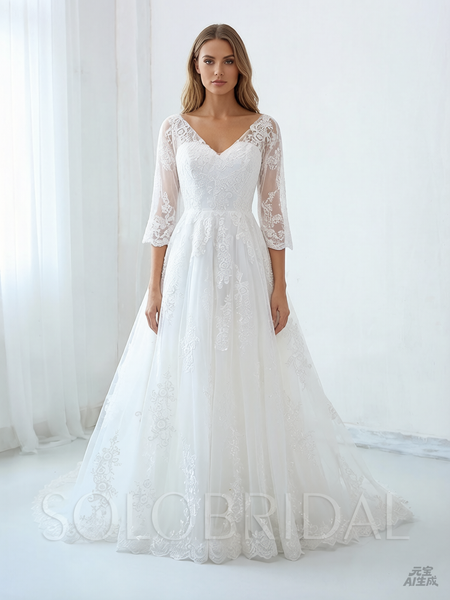 Light Ivory Lace Wedding Dress with Elbow Sleeves