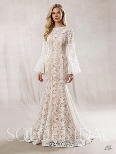 Ivory Lace with Blush Lining Wedding dress and Long Bell Sleeves Mermaid Shape