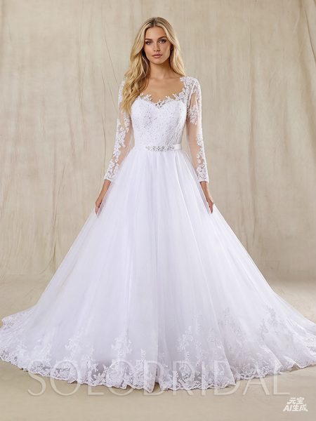 White A Line Tulle Wedding Dress with Long Sleeves and Beaded Belt