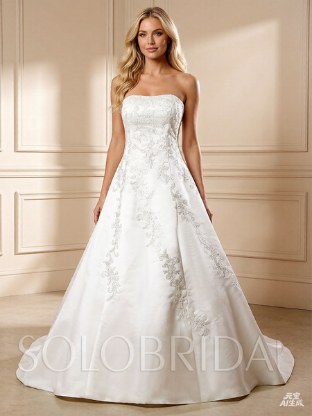 White Satin Wedding Dress with Silver Embroidery and Train