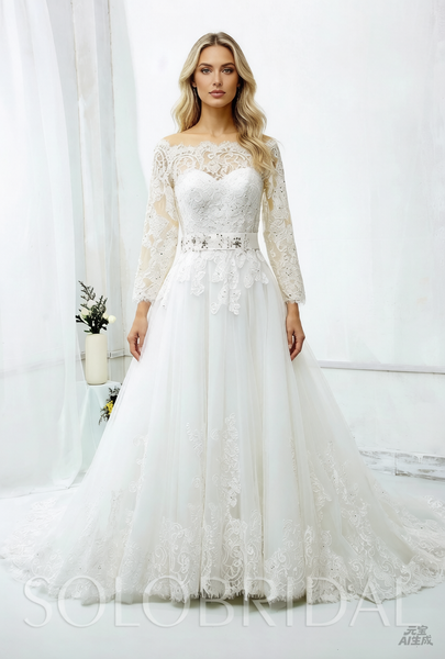 A Line Wedding Dress with Off shoulder Long Sleeves and Beaded Belt