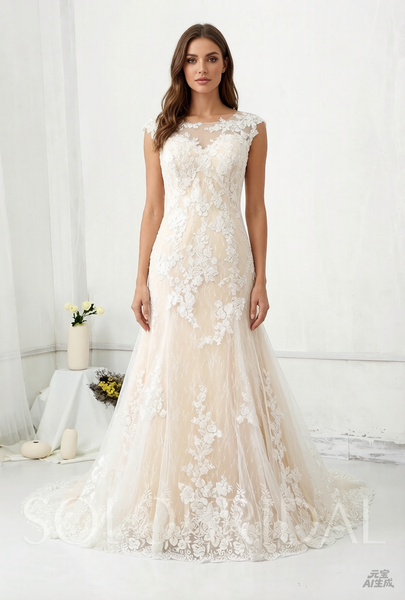 Champagne Lining Overlayed with Ivory Lace Wedding Dress with Court Train