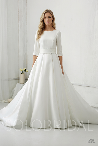 Silk Satin with Half Sleeve Pockets Wedding Dress