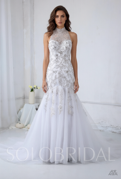 Mermaid White Wedding Dress with Sparkly Diamonds