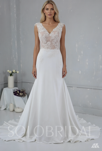 Skin Color Lace Bodice with Crepe Skirt Triangle Pleatings Ivory Wedding Dress