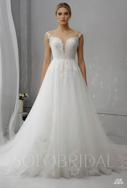 Tulle Wedding Dress with Deep V Neckline and Pearl Buttons