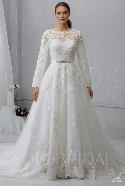 A Line Long Sleeve Ivory Wedding Dress with Court Train and New Lace