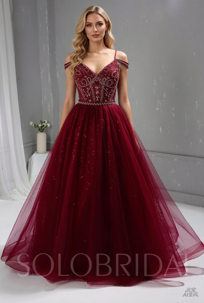 Maroon Red Heavy Beaded Bodice Dress