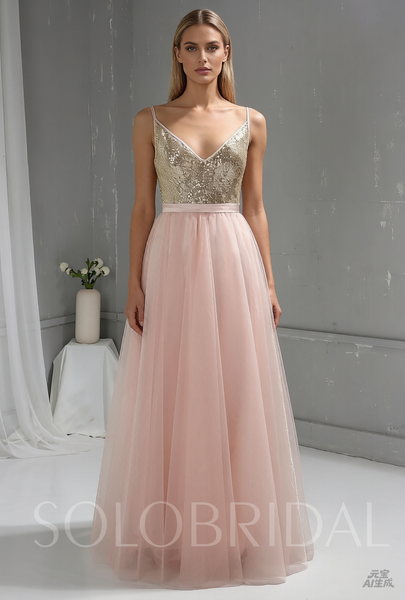 Pink Sequin Bodice Tulle Skirt Bridesmaid Prom Dress