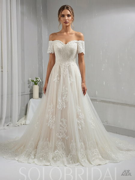 Short Off Shoulder Sleeves Tulle Lace Wedding Dress