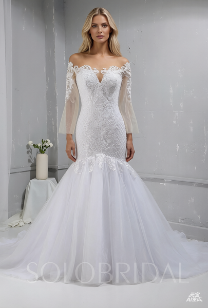 White Grid Lace Off Shoulder Long Sleeve Tulle Skirt Deep Neckline Wedding Dress