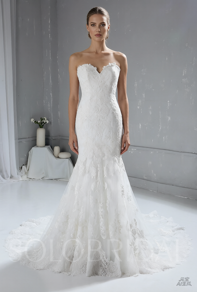 Light Ivory Strapless Lace Wedding Dress with Court Train