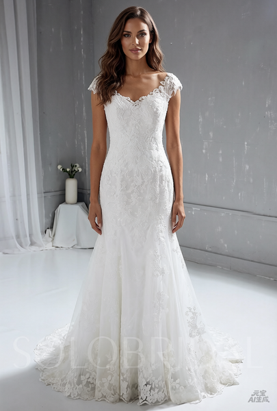 Ivory Sheath Lace Wedding Dress with Cap Sleeves