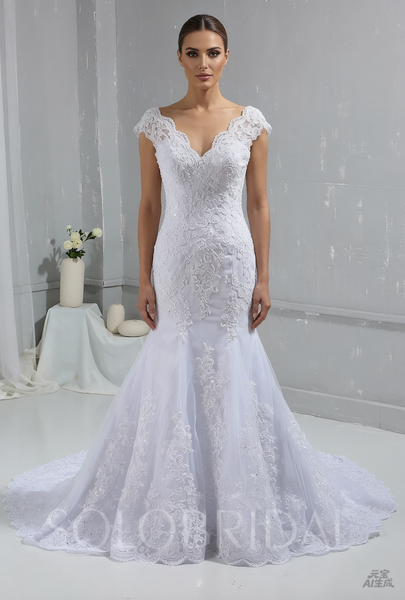 White Fitted Lace Wedding Dress with Cap Sleeves & Cathedral Train