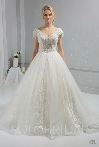 Ivory Sparkling Beaded Ball Gown Wedding Dress with Cap Sleeves