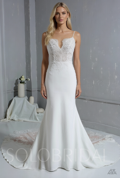 Ivory Crepe Wedding Dress with Lace Train