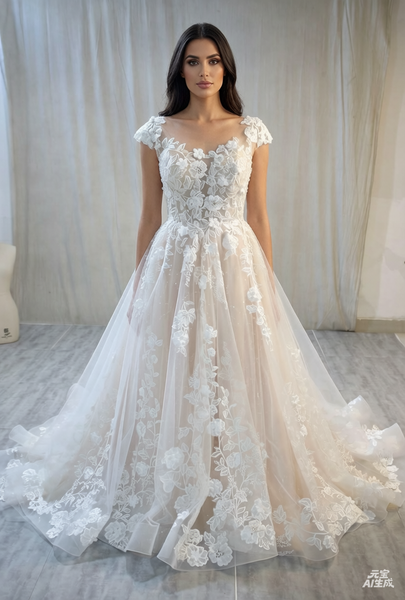 Blush Lining and Ivory Tulle Lace Wedding Dress