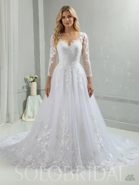 Sweetheart Cotton Lace Skin Color Bodice Long Sleeve Wedding Dress with Court Train