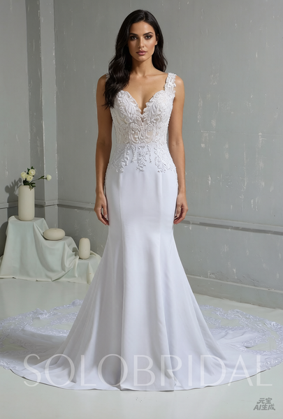 White Chiffon Mermaid Wedding Dress with Lace Train