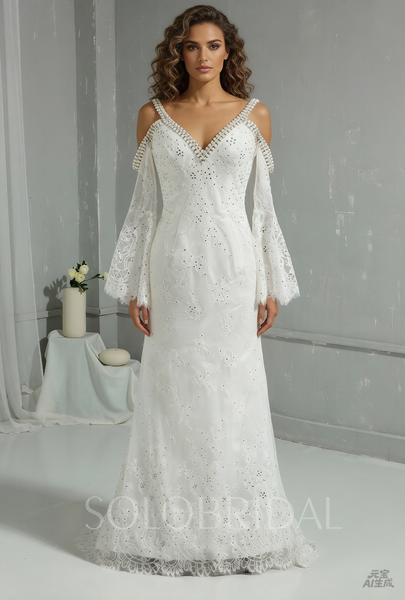 Ivory Light Lace Fully Diamond Sheath Wedding Dress