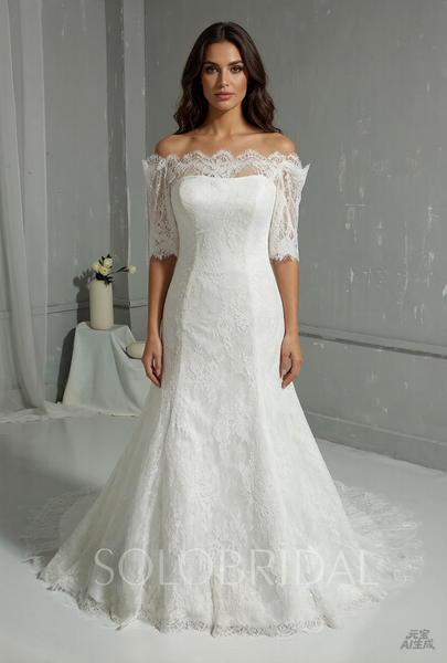 Ivory Lace Wedding Dress with Off Shoulder Half Sleeves