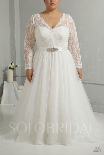 Light Ivory Lace Shiny Tulle Skirt Long Sleeve Wedding Dress