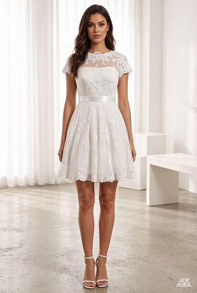 Classic Tea Length Wedding Dress Whole Piece Lace with Short Sleeves