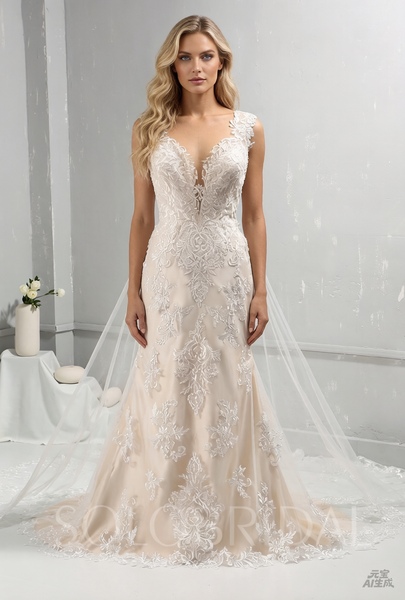 Ivory Lace Wedding Dress with Champagne Lining and Removable Lace Train
