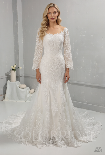 Ivory Mermaid Cotton Lace Wedding Dress with Long Sleeves