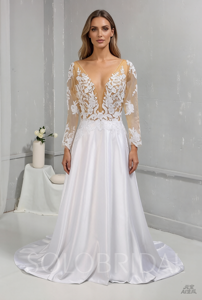 Bridal Satin Wedding Dress with Sexy Bodice and Long Sleeves
