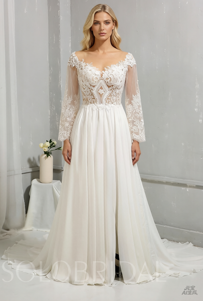 Ivory Chiffon Wedding Dress with Tulle Long Sleeves