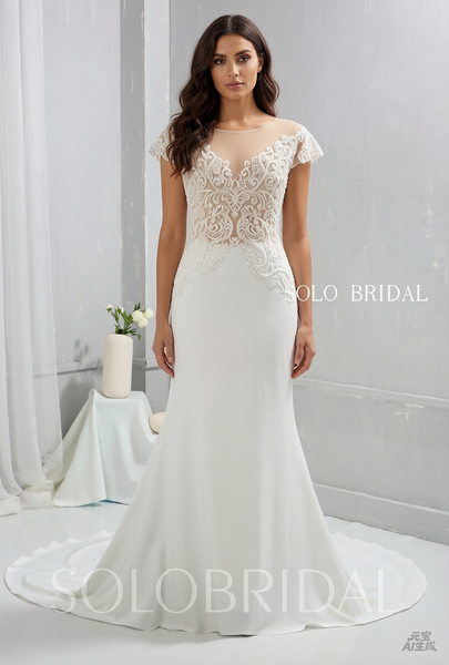 Ivory Crepe Fitted Wedding Dress with Fully beaded Sexy Bodice