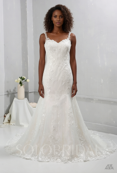 Ivory Fitted Mermaid Wedding Dress with Thin Lace Straps