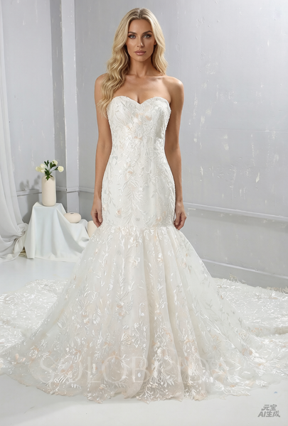 Ivory with Champagne Lace Wedding Dress with Cathedral Train