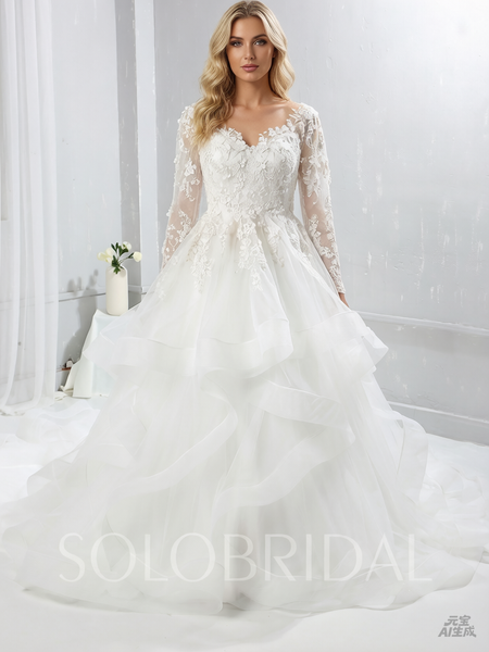 Ivory Lace Bodice Long Sleeve Wedding Dress with Ruffle Skirt and Catherdral Train
