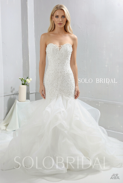 Ivory Mermaid Ruffle Skirt with Fully Diamond Lace Bodice Wedding Dress