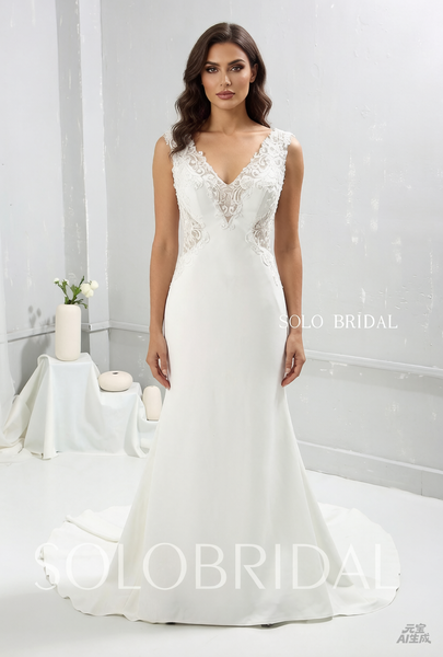 Ivory Crepe Sheath Fitted Wedding Dress